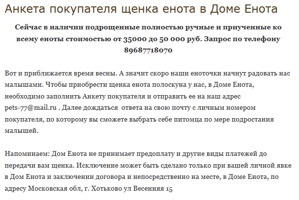 Анкета на приобретение енота.