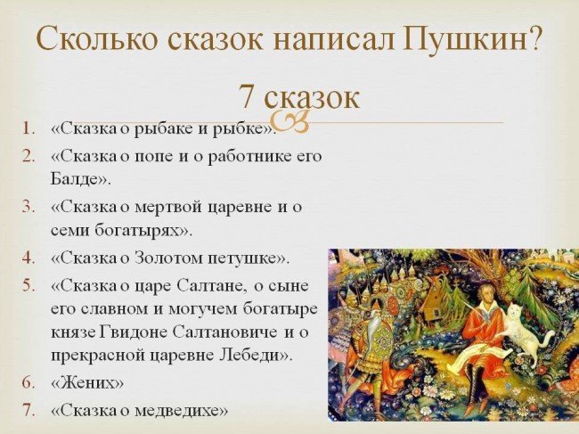 Какие и сколько сказок написал Пушкин