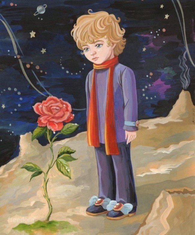 Маленький принц на своей планете с розой.